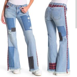 Free People We The Free Plaid and Stud Patchwork Distressed Flare Jeans Size 26